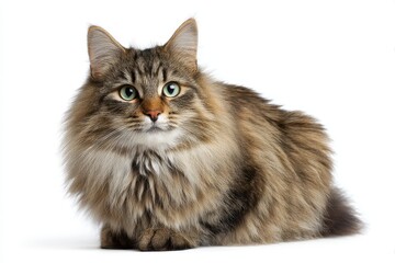 Fototapeta premium Crossbreed Siberian cat with striking green eyes poses gracefully against a clean white background showcasing its luxurious fur and playful demeanor