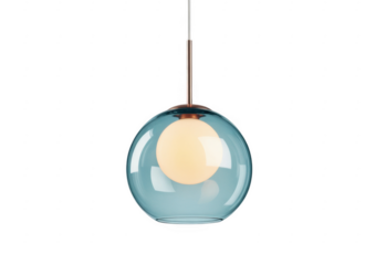 Teal glass globe pendant light with white bulb and copper accent isolated on a transparent background