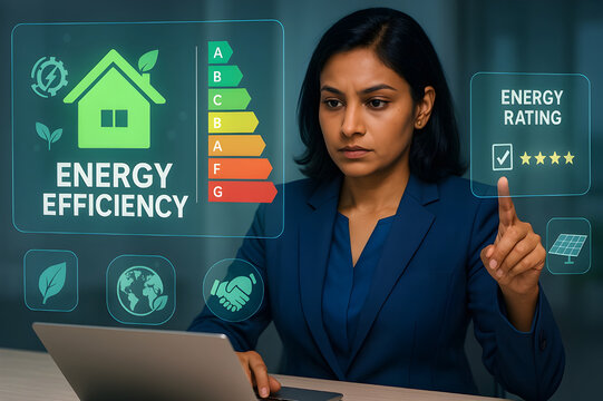 Professional woman analyzing energy efficiency ratings on a modern interface, focusing on sustainability and eco-friendly solutions for future business growth