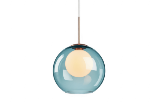 Teal glass globe pendant light with white bulb and copper accent isolated on a transparent background - Powered by Adobe