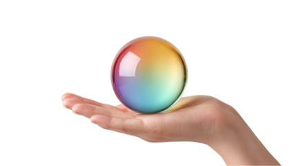 Hand Holding Rainbow Sphere on White