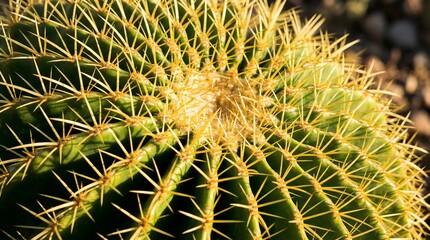 Detailed macro shot of green cactus ribs with sharp golden spines suitable for desert botany themes succulent plant stores or exotic nature backgrounds.