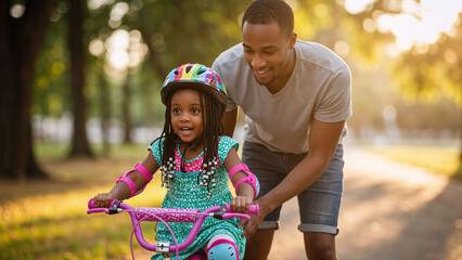 African American man teaching his little girl to ride a bicycle in a park. Childhood activity and learning new skills. Family outdoor fun.