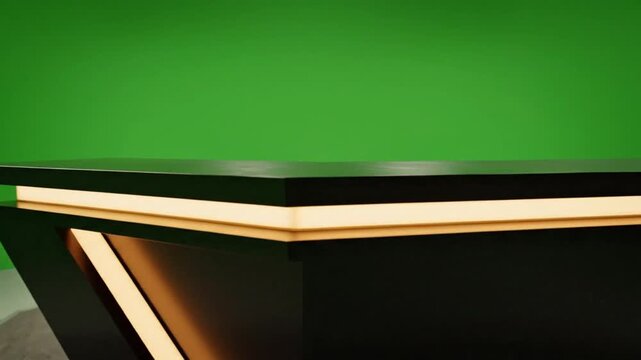 Modern television studio set with green screen backdrop ready for broadcasting news or a show, offering dynamic versatility and professional ambiance