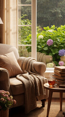 Cozy armchair with knitted blanket by window on rainy day. Warm tea and stack of books create hygge ambiance. Relaxed home living concept.