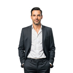 Fototapeta premium Professional confident man in a dark suit and open white shirt standing with hands in pockets isolated on transparent background