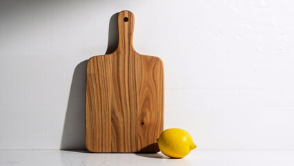 Wooden cutting board with a whole lemon in a simple kitchen setting. Food preparation concept for cooking and healthy eating.