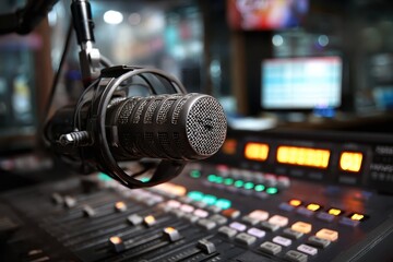 Live online radio studio showcasing an active on air sign with a detailed microphone and control panel during a broadcast session
