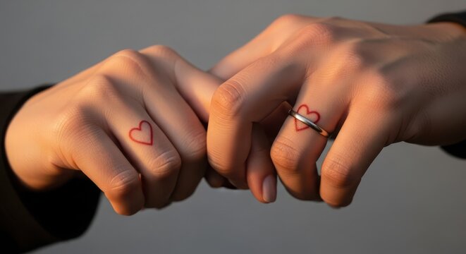 Close up of two hands with matching tiny heart tattoos and a wedding ring showing love and commitment