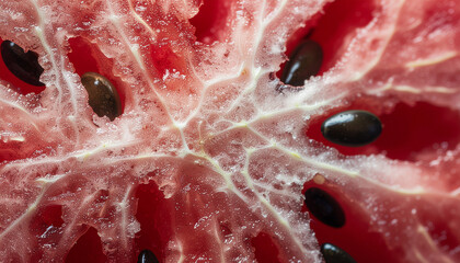 A close-up shot of a watermelon slice, showcasing its red flesh, white veins, and scattered black seeds.