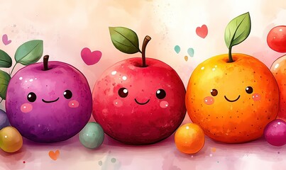 Cute kawaii fruit characters: apple, orange, and plum with smiling faces