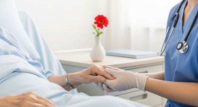 Caring nurse in blue scrubs holds patient s hand in hospital room offering comfort and support during recovery