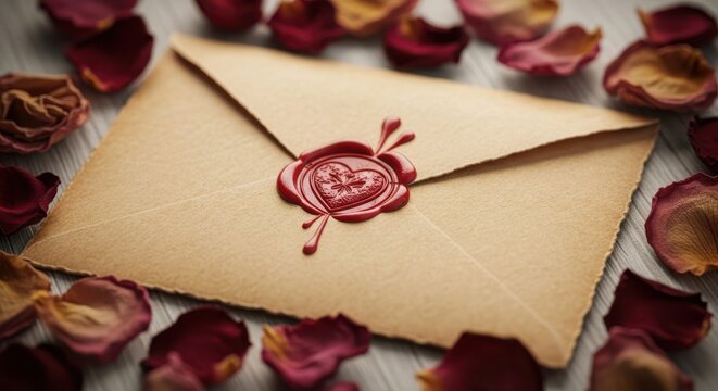 Vintage parchment envelope sealed with a red wax seal surrounded by dried rose petals on a rustic wooden surface