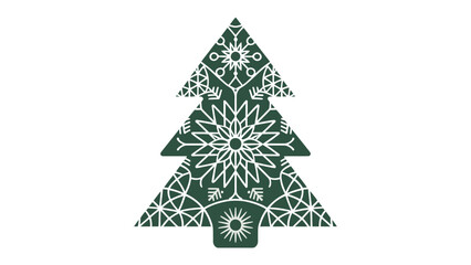Festive Ornamentation: A stylized Christmas tree in striking green, adorned with intricate white snowflake patterns, epitomizes festive holiday cheer.