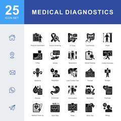 Obraz premium A medical diagnostics icon set featuring physical exams, cancer screening, CT scans, blood tests, x-ray imaging, immunization, endoscopy, prenatal care, and clinical evaluation procedures.