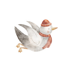 Seagull, seabird in red knitted scarf hat. Watercolor illustrations dove bird hand-drawn in childish nautical style. Image is isolated from background for design cards posters clothing invitations