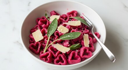 Delicious heart shaped beet pasta garnished with fresh sage leaves and parmesan cheese in a white bowl