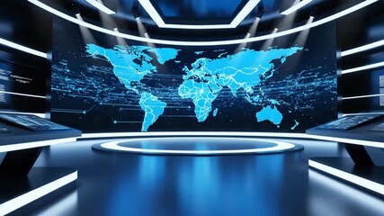 Immersive futuristic news studio with global data visualization displayed across screens, ready for breaking news and world events coverage - Powered by Adobe