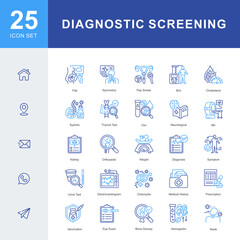 A Diagnostic Screening icon set featuring ultrasound, MRI, blood tests, pap smear, spirometry, urine test, vaccination, medical history, and clinical evaluations for accurate health assessment.