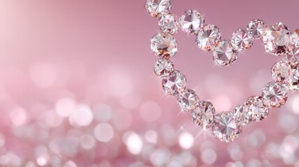 A sparkling heart made of pink diamonds shines against a soft bokeh background