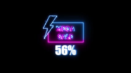 Neon lightning bolt and mega sale 56 percent off text with glowing effect on black background discount