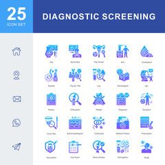 A Diagnostic Screening icon set featuring ultrasound, MRI, blood tests, pap smear, spirometry, urine test, vaccination, medical history, and clinical evaluations for accurate health assessment.
