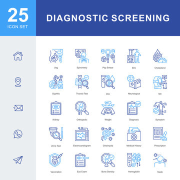 A Diagnostic Screening icon set featuring ultrasound, MRI, blood tests, pap smear, spirometry, urine test, vaccination, medical history, and clinical evaluations for accurate health assessment.