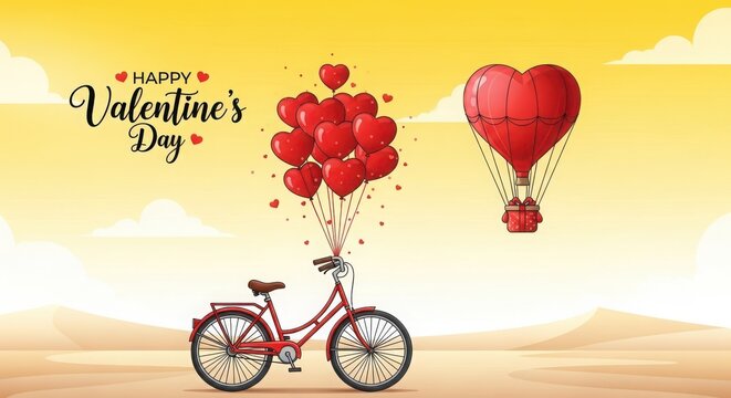 Whimsical valentine s day scene with a red bicycle carrying a bouquet of heart balloons and a heart shaped hot air balloon floating above