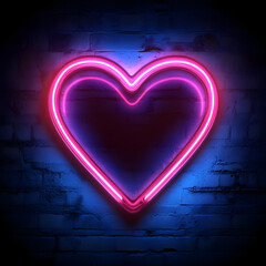  Glowing pink heart neon sign illuminating a dark textured blue brick wall surface