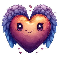  Smiling winged heart floating with small companion hearts on white background