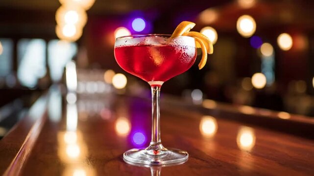 Elegant Red Cocktail Drink In Stylish Bar Setting With Citrus Garnish And Warm Ambient Lights Nightlife Celebration Atmosphere