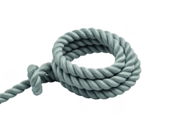 Thick gray rope tied in a loop with a knot on a black background isolated on a transparent background