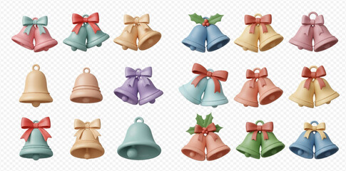 Collection of colorful 3D Christmas bells with bows and holly, festive holiday decorations.