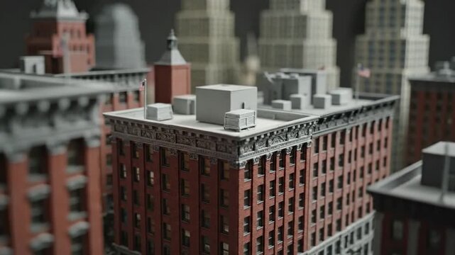 Cityscape model featuring brick buildings and skyscraper background
