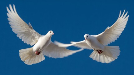 Obraz premium Two White Doves in Flight Against a Clear Blue Sky, Symbolizing Peace, Freedom, and Hope in Nature's Beautiful Setting