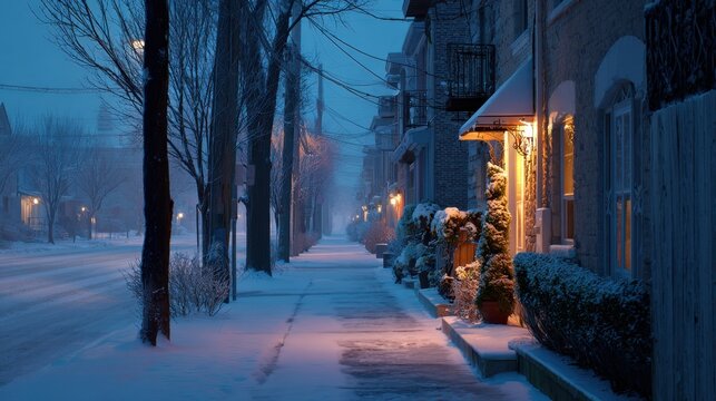 A quiet snowy neighborhood glows with warm window lights during the calm blue hour