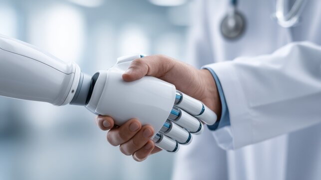 In a sleek medical setting, a doctor shakes hands with a robotic arm, showcasing the blend of technology and healthcare. This moment signifies collaboration and advancement in medicine