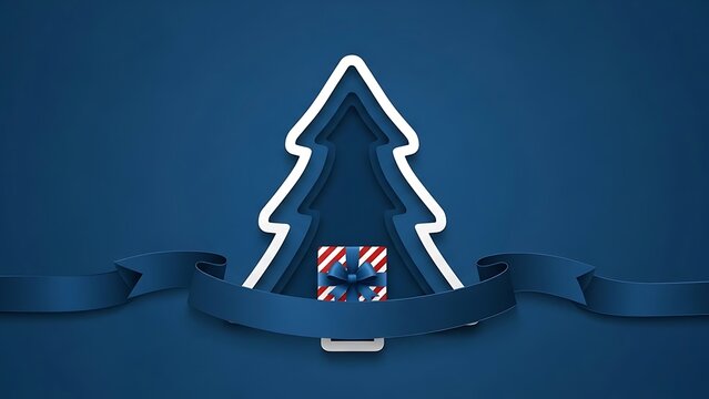 Christmas tree with gift box and ribbon on blue background illustration - Powered by Adobe