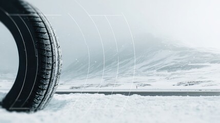 snowy roadside with a close up of winter tire sidewall, clean typography space, neutral tones, minimal professional style