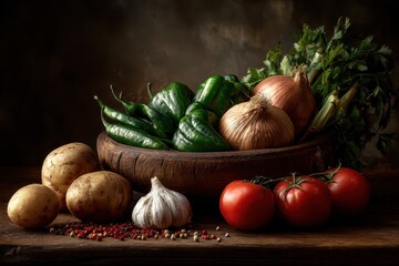 Fresh food ingredients create a vibrant still life of realistic pho preparation with a diverse array of vegetables and spices