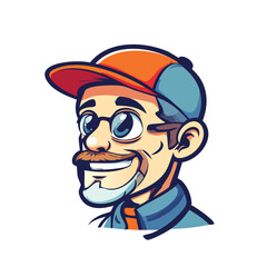 Cartoon Man Wearing Baseball Cap and Glasses with Moustache.