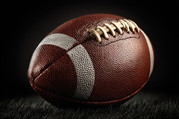 American football on a black background highlighting the texture and stitching details of the sport's iconic ball during a nighttime showcase