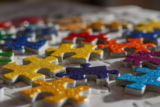 Colorful puzzle pieces representing diversity and awareness for World Autism Awareness Day in a bright setting with intricate details and vibrant colors