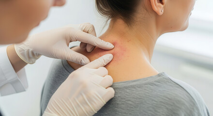 Medical professional examines skin condition on the back of a female patient, showcasing a close-up view of the affected area and the attentive care provided during the consultation