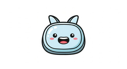 Cute blue cartoon character with a smiling face and bunny ears, designed in a playful style, showcasing a joyful expression and vibrant colors, perfect for children's illustrations