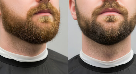Stylish Italian beard grooming showcasing two distinct beard styles on a male model, emphasizing texture and detail, ideal for hair care and grooming concepts with copy space