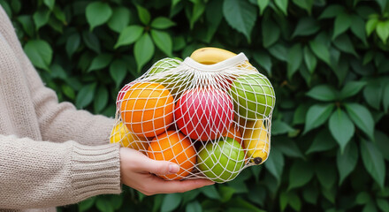 Woman holding a mesh bag filled with colorful fresh fruits, including apples, bananas, oranges, and grapes, against a lush green foliage backdrop, promoting healthy eating habits and sustainability