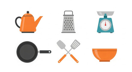 Colorful kitchen utensils including orange kettle, grater, scale, frying pan, spatula, and bowl arranged in a flat illustration, showcasing essential cooking tools for culinary enthusiasts