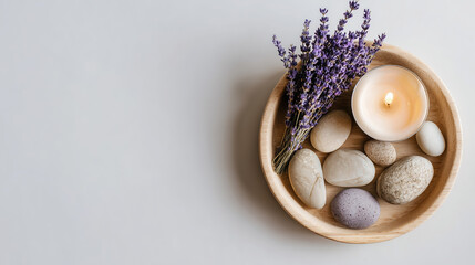 Natural arrangement of smooth stones, lavender sprigs, and a lit candle in a wooden bowl, creating a serene and calming atmosphere for relaxation and mindfulness practices