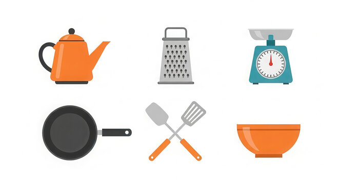Colorful kitchen utensils including orange kettle, grater, scale, frying pan, spatula, and bowl arranged in a flat illustration, showcasing essential cooking tools for culinary enthusiasts